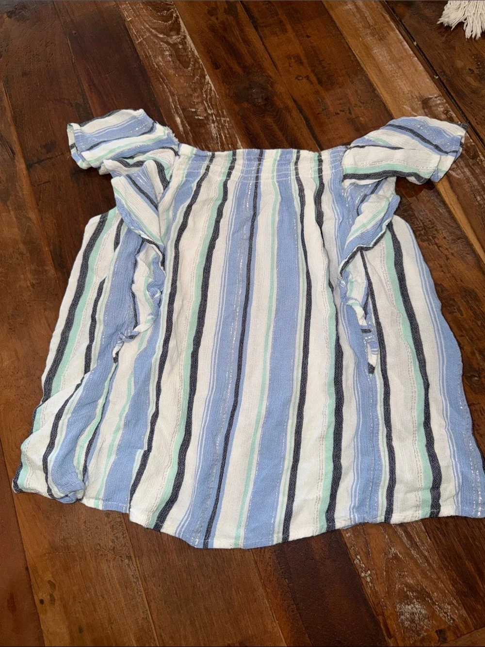 Justice Blue and White Striped Ruffled Shoulder Tank
